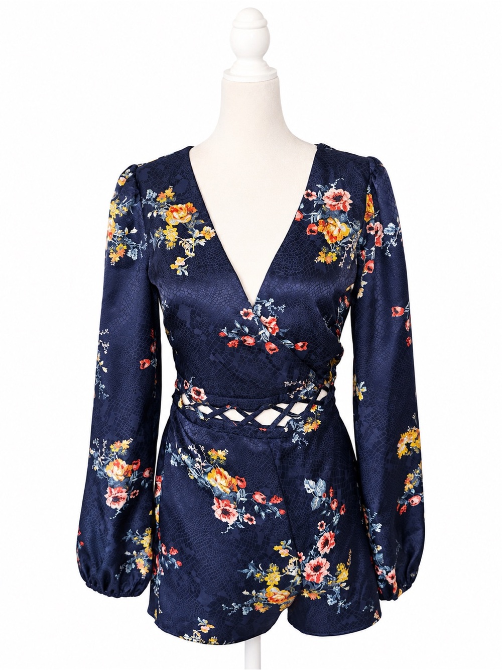 Material Girl Floral Cutout Romper Womens Small Navy Long Sleeve Faux Wrap NWT